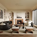 Living room sofa combination coffee table single sofa floor lamp picture fireplace 3d model