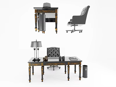 Elegant Modern Desk With Table Lamp Chair Trash Bin And Notebook 3d model