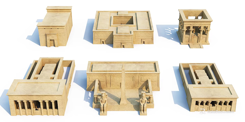 Detailed Ancient Egyptian Architectural Models With Columns Statues And Square Structures 3d model