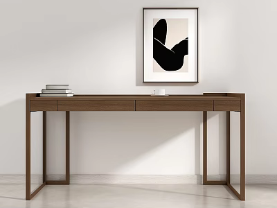 Brown Wooden Desk With Stack of Books and Framed Monochrome Abstract Artwork Against White Wall 3d model