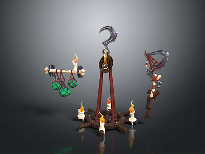 Fantasy Decorative Props With Hook Wooden Stand Green Orbs And Lit Candles 3d model