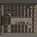 Modern Chinese Style Decorative Cabinet With Lattice Sides Lighting Shelves And Tea Sets On Countertop