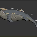 3D Rendered Blue Horned Marine Creature With Back Spikes And Small Fish Around