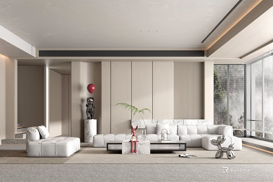 Modern Luxury Living Room Interior with White Sofa Marble Coffee Table and Green Plant 3d model 