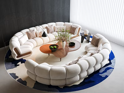 Elegant White Curved Sofa and Coffee Table Set With Pillows Plant and Rug 3d model