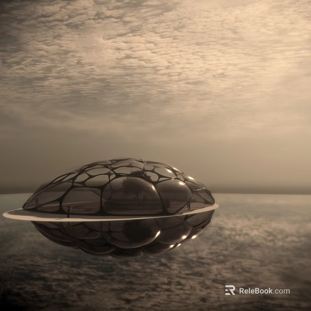 Floating Spherical Grid Structure Building Component On Water With Sky Reflection 3d model 
