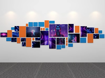 Modern Photo Wall With Blue And Orange Frames Featuring Tech Themed Images On White Wall 3d model