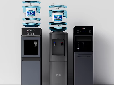 Three Modern Household Water Dispensers With Large Water Jugs And Sleek Designs 3d model