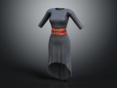 Gray Mid Sleeve Dress With Red Belt And Asymmetrical Hem Design 3d model