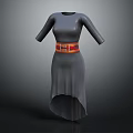 Gray Mid Sleeve Dress With Red Belt And Asymmetrical Hem Design