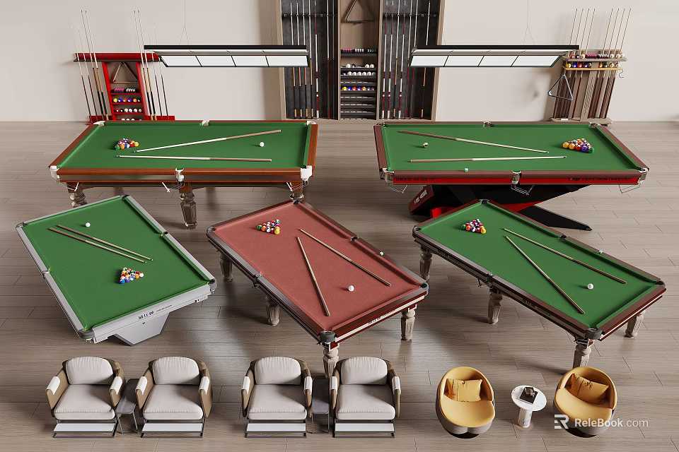 Spacious Billiard Room Interior With Multiple Tables Cues Seats And Lighting 3d model 