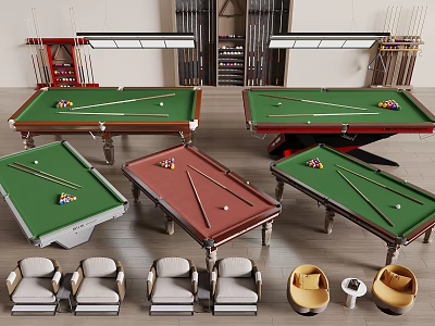 Spacious Billiard Room Interior With Multiple Tables Cues Seats And Lighting 3d model