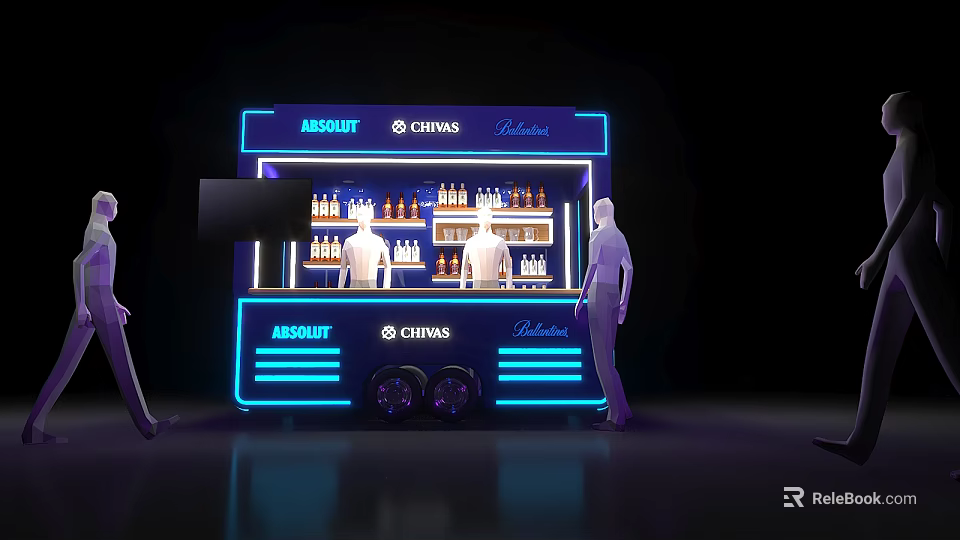 Neon Lit Branded Bar Counter Featuring ARCOURT CHIVAS Ballantine and Standing People 3d model 