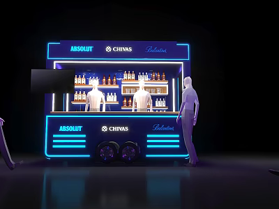 Neon Lit Branded Bar Counter Featuring ARCOURT CHIVAS Ballantine and Standing People 3d model