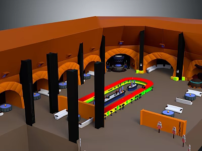 Indoor Architecture Interior Design With Orange Walls Black Pillars Colorful Central Path And White Seating 3d model
