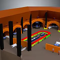Indoor Architecture Interior Design With Orange Walls Black Pillars Colorful Central Path And White Seating