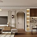 Retro Style Living And Dining Room With Brown Leather Sofa And Classic Art Wall Decor