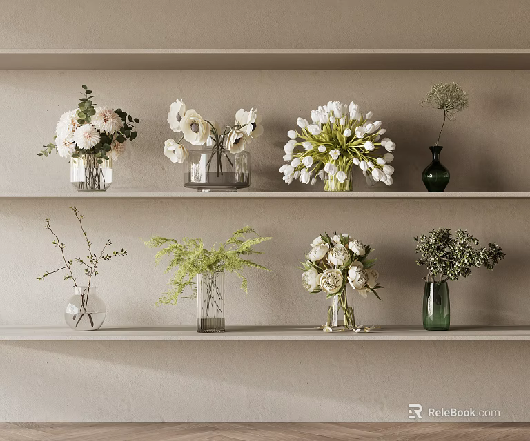 Elegant Decorative Ornament Arrangement with Glass Vases White Flowers and Green Plants on Shelves 3d model 