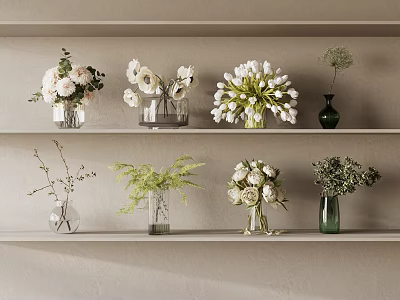 Elegant Decorative Ornament Arrangement with Glass Vases White Flowers and Green Plants on Shelves 3d model