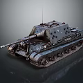 Military Tank with Long Cannon Barrel Tracked Wheels Weathered Armor Surface and Dark Military Paint