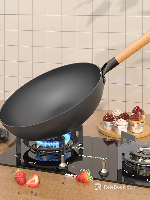 Non stick Wok Heating On Gas Stove With Blue Flame And Cupcakes Nearby 3d model 
