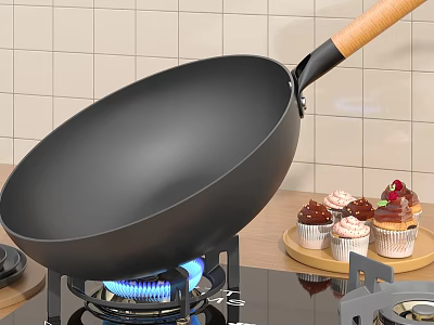 Non stick Wok Heating On Gas Stove With Blue Flame And Cupcakes Nearby 3d model