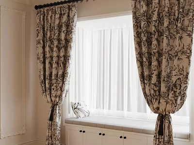 Patterned Curtains With White Sheer And Window Sill In Cozy Interior 3d model