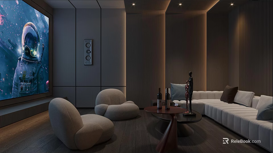 Stylish Home Theater Room With Large Screen Cozy Seating Coffee Table And Ambient Lighting 3d model 