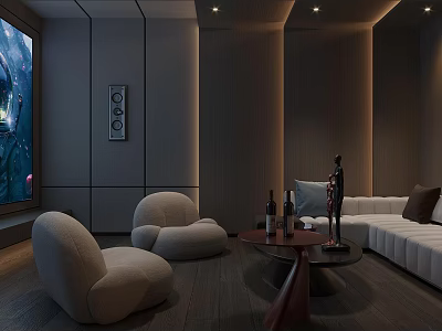 Stylish Home Theater Room With Large Screen Cozy Seating Coffee Table And Ambient Lighting 3d model