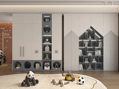Modern Children Wardrobe with White Gray Open Shelves Panda Toy and Soccer Ball 3d model