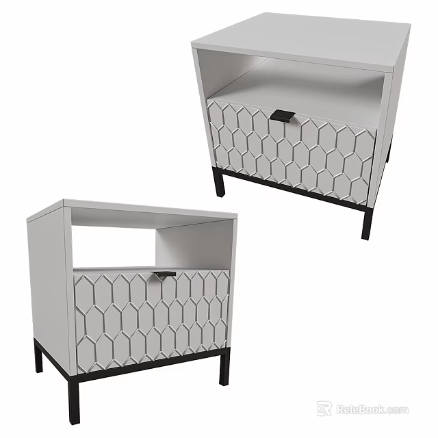 Modern White Bedside Table With Hexagonal Drawer Design And Black Metal Legs 3d model