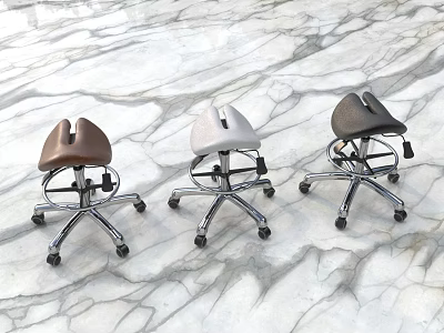 Three Bar Stools With Various Colors Metal Frames And Wheeled Bases On Marble Floor 3d model