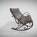 Outdoor Bench with Brown Wooden Slats and Black Curved Metal Scroll Legs