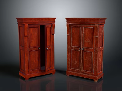 Red Wooden Classic Style Wardrobes With Paneled Doors And Intricate Carvings 3d model
