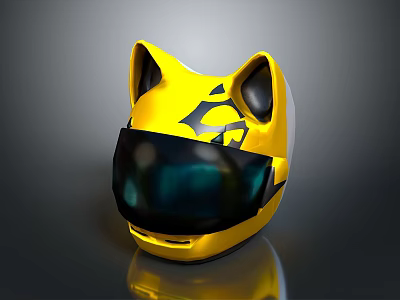 Yellow Cat Ear Shaped Helmet With Black Patterns And Tinted Visor Design 3d model
