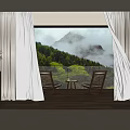Open Light Fabric Curtains in Room With Mountain Forest View and Wooden Chairs