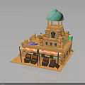 Model Building With Green Dome Tower Wooden Facade Shop Front Awnings And Display Counters