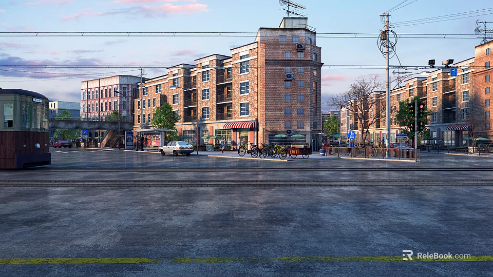 Vibrant Commercial Street with Multi Story Brick Buildings Storefronts Vehicles and Wet Pavement 3d model 