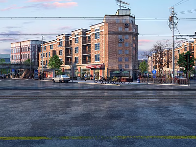 Vibrant Commercial Street with Multi Story Brick Buildings Storefronts Vehicles and Wet Pavement 3d model
