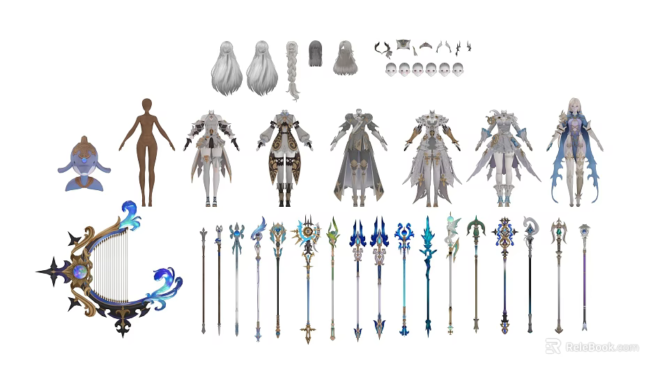 Detailed Game Character Models With Various Costumes Weapons And Accessories Design 3d model 