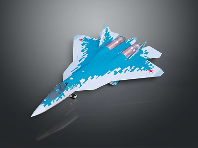 Blue And White Camouflage Military Fighter Jet Model With Red Star Emblems 3d model