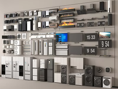 Organized Modern Household Appliances Display with Refrigerators Washers TVs Ovens and Air Conditioners 3d model