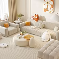 Modern Light Sofa And Round Coffee Table Set With Cozy Cushions Rug And Wall Art
