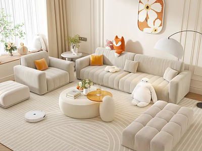 Modern Light Sofa And Round Coffee Table Set With Cozy Cushions Rug And Wall Art 3d model