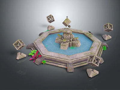 Garden Ornament Hexagonal Pool with Central Rock Fountain Surrounded by Geometric Decorations and Green Plants 3d model
