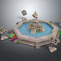 Garden Ornament Hexagonal Pool with Central Rock Fountain Surrounded by Geometric Decorations and Green Plants