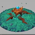 Natural Scene with Orange Tree Stump Blue Sphere Red Roots and Lush Green Grassy Surroundings