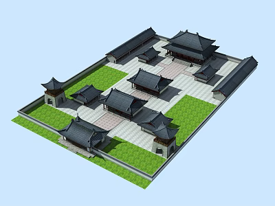 Traditional Chinese Ancient Architecture Courtyard With Symmetric Tile Roofs And Green Lawns 3d model