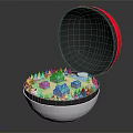 Cartoon Village Scene Inside Open Sphere With Small Houses And Green Trees
