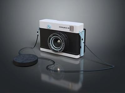 CHALINA 6 Vintage Digital Camera With White Black Body Black Lens Round Base And Strap 3d model
